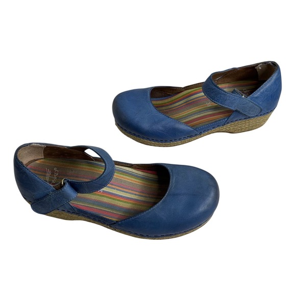 Dansko Y2K Mary Jane Wedge Shoes‎ Blue Leather Espadrille Size 38 boho fairycore